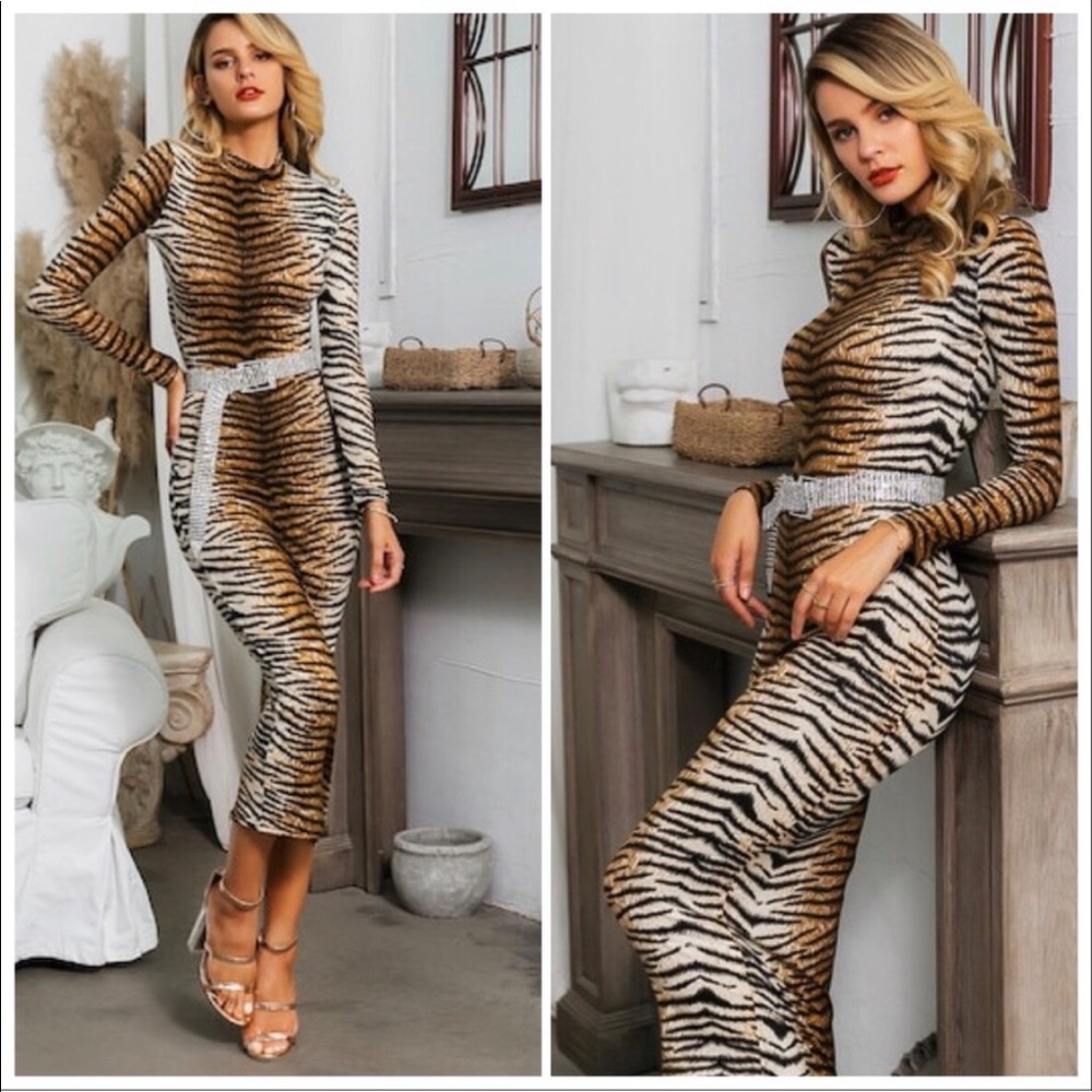 Tiger Pattern Bodycon Pencil Dress No Belt- Dress